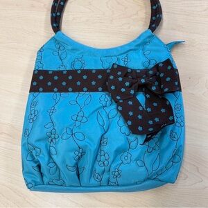 Blue Floral Women's Bag with Brown Accents